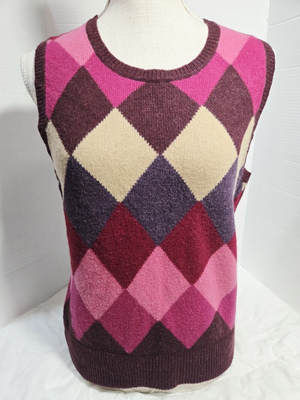 Gap Lambswool Vest Knit Pink Diamonds Vtg 2003 Retro Academia Argyle V-neck Woma
